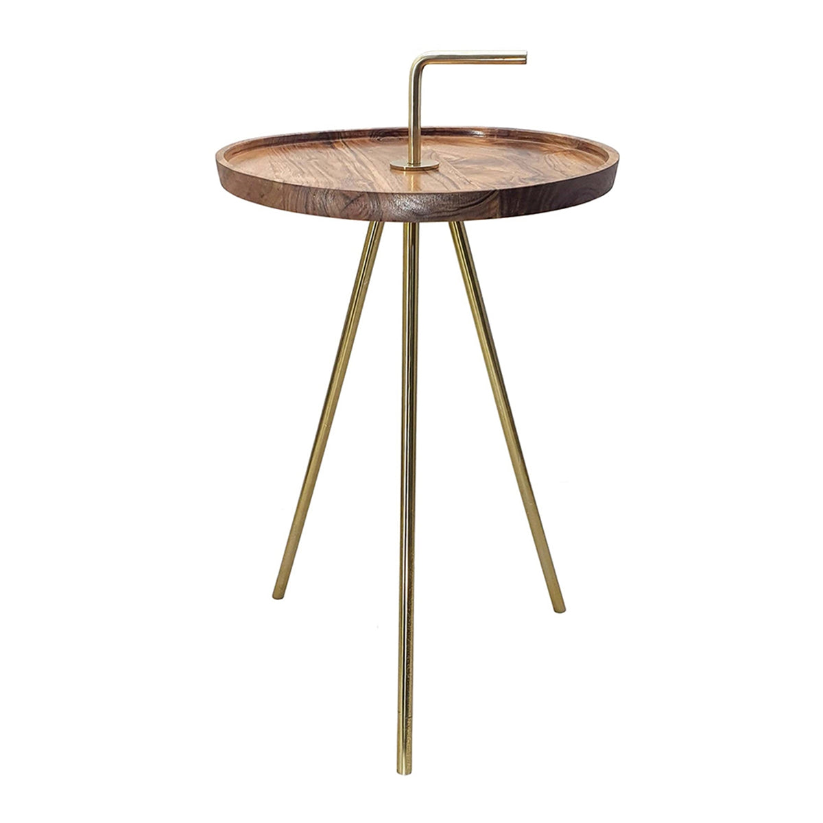 Acacia Wood Side Table with Tripod Steel Legs, Brown/Gold, 16x23.5"