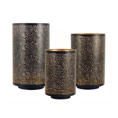 Set of 3, Pierced Metal Hurricanes in Black & Gold, L:D7x12"  M:D6x10"  S:D5x8"