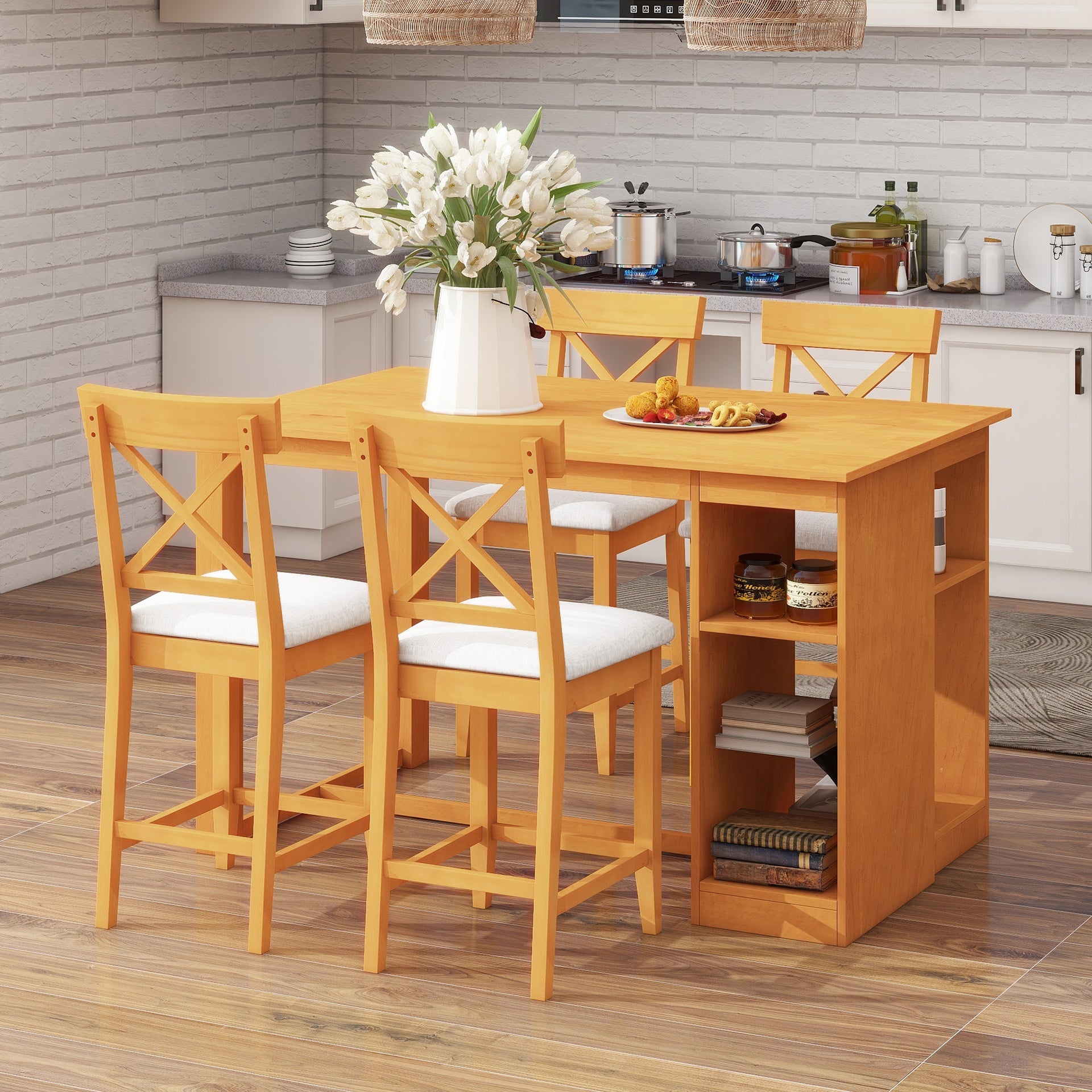 TOPMAX 60"Lx30"W Solid Wood Farmhouse Counter Height Dining Table Set with 3-Tier Storage Shelves, Upholstered Dining Chairs for 4, 5-Piece, Brown