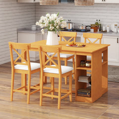 TOPMAX 60"Lx30"W Solid Wood Farmhouse Counter Height Dining Table Set with 3-Tier Storage Shelves, Upholstered Dining Chairs for 4, 5-Piece, Brown