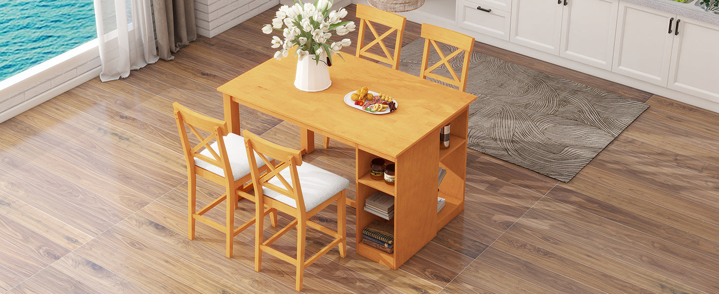TOPMAX 60"Lx30"W Solid Wood Farmhouse Counter Height Dining Table Set with 3-Tier Storage Shelves, Upholstered Dining Chairs for 4, 5-Piece, Brown