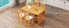 TOPMAX 60"Lx30"W Solid Wood Farmhouse Counter Height Dining Table Set with 3-Tier Storage Shelves, Upholstered Dining Chairs for 4, 5-Piece, Brown
