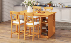 TOPMAX 60"Lx30"W Solid Wood Farmhouse Counter Height Dining Table Set with 3-Tier Storage Shelves, Upholstered Dining Chairs for 4, 5-Piece, Brown