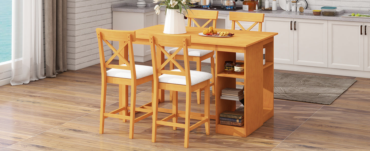 TOPMAX 60"Lx30"W Solid Wood Farmhouse Counter Height Dining Table Set with 3-Tier Storage Shelves, Upholstered Dining Chairs for 4, 5-Piece, Brown