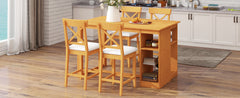 TOPMAX 60"Lx30"W Solid Wood Farmhouse Counter Height Dining Table Set with 3-Tier Storage Shelves, Upholstered Dining Chairs for 4, 5-Piece, Brown