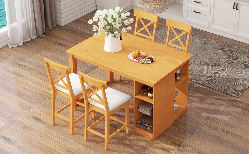 TOPMAX 60"Lx30"W Solid Wood Farmhouse Counter Height Dining Table Set with 3-Tier Storage Shelves, Upholstered Dining Chairs for 4, 5-Piece, Brown
