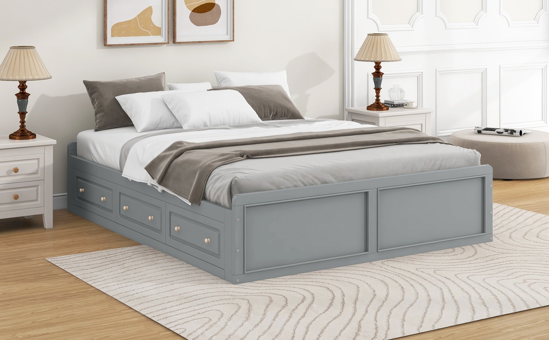 Wood Queen Size Platform Bed Frame with 6 Drawers, Gray