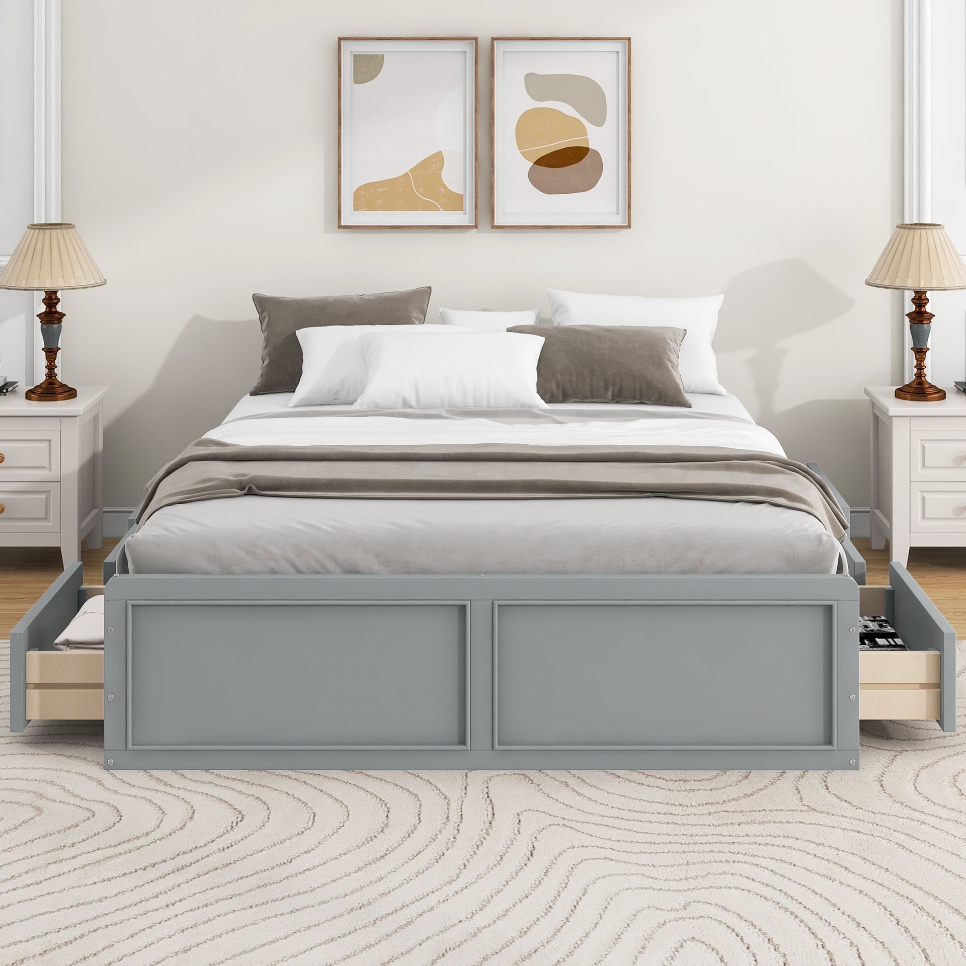 Wood Queen Size Platform Bed Frame with 6 Drawers, Gray