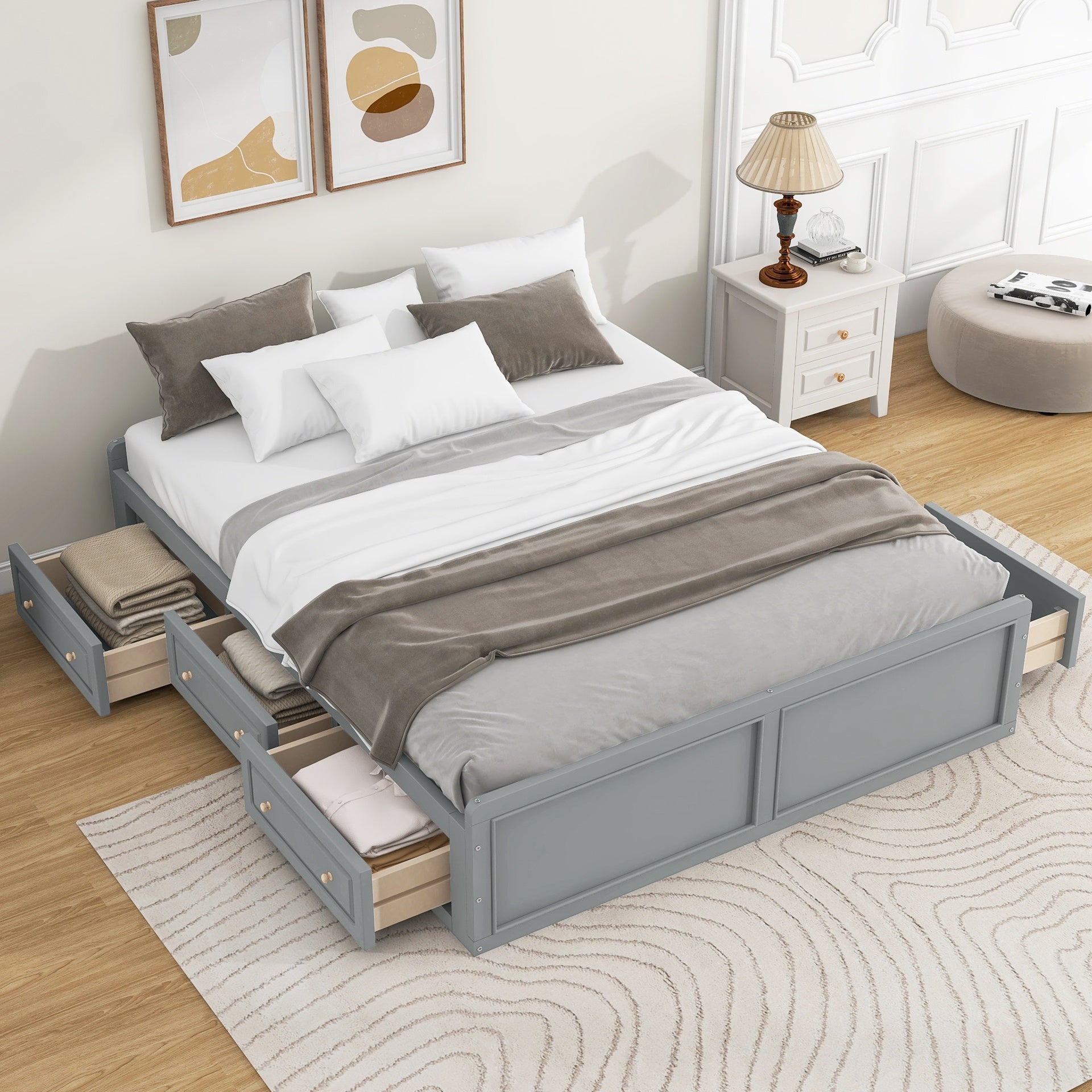 Wood Queen Size Platform Bed Frame with 6 Drawers, Gray