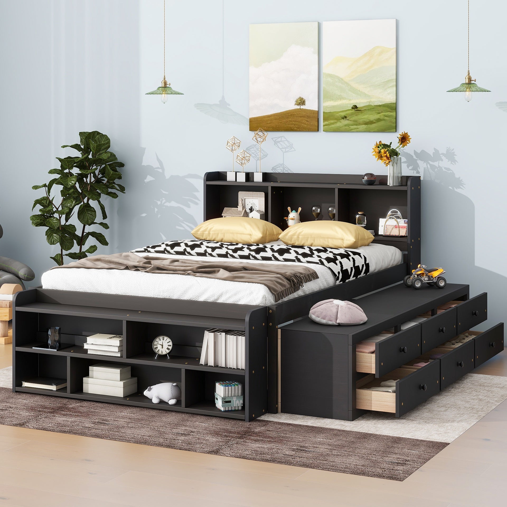 Full Bed with Bookcase Headboard, Under bed Storage Drawers and Bed End Storage Case,Espresso