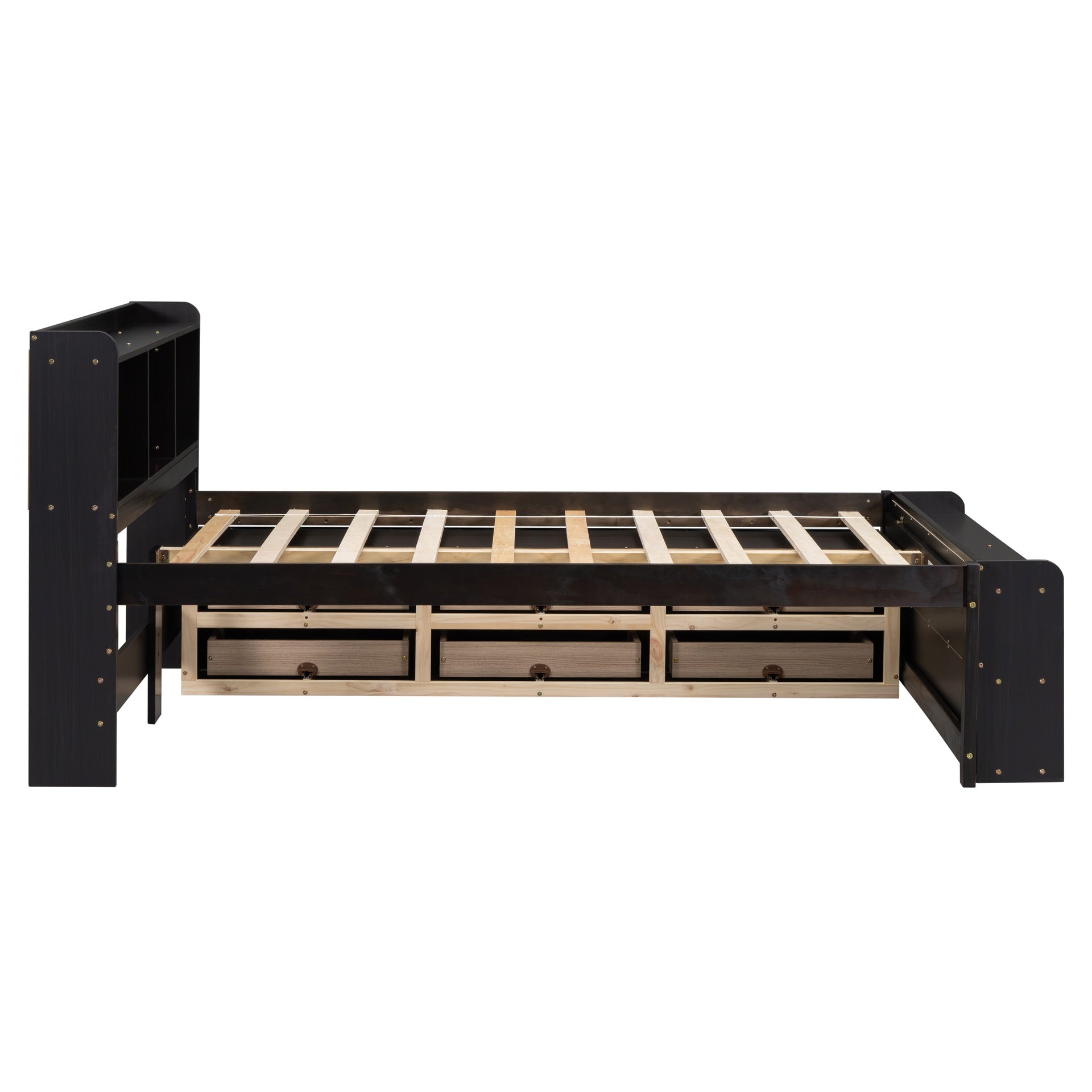 Full Bed with Bookcase Headboard, Under bed Storage Drawers and Bed End Storage Case,Espresso