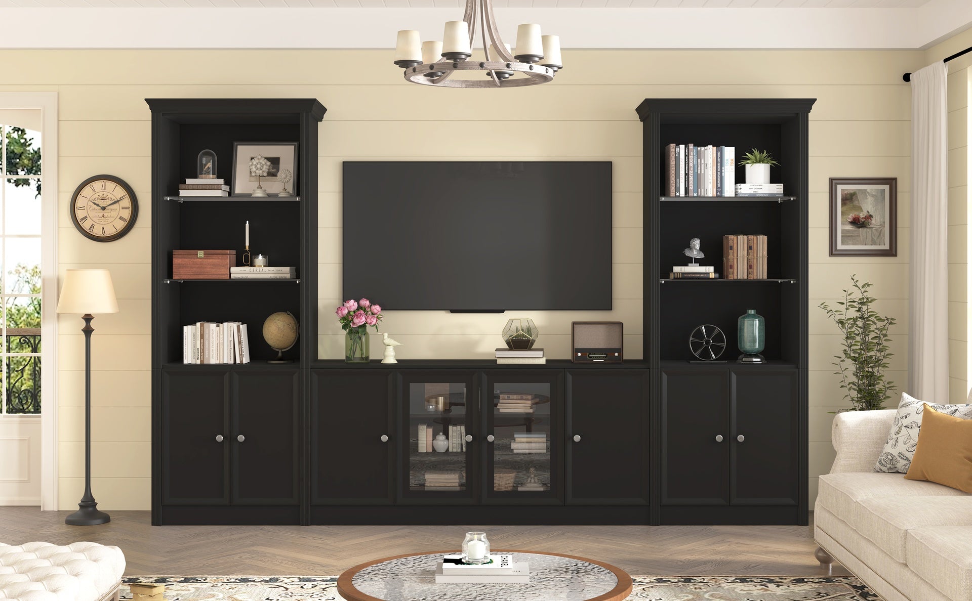 U-Can 128.2" W Wall Unit Entertainment Center with Bookshelves for TVs up to 80", Modern TV Stand Media Console with tempered glass  Cabinets,  and Adjustable Shelves for Living Room