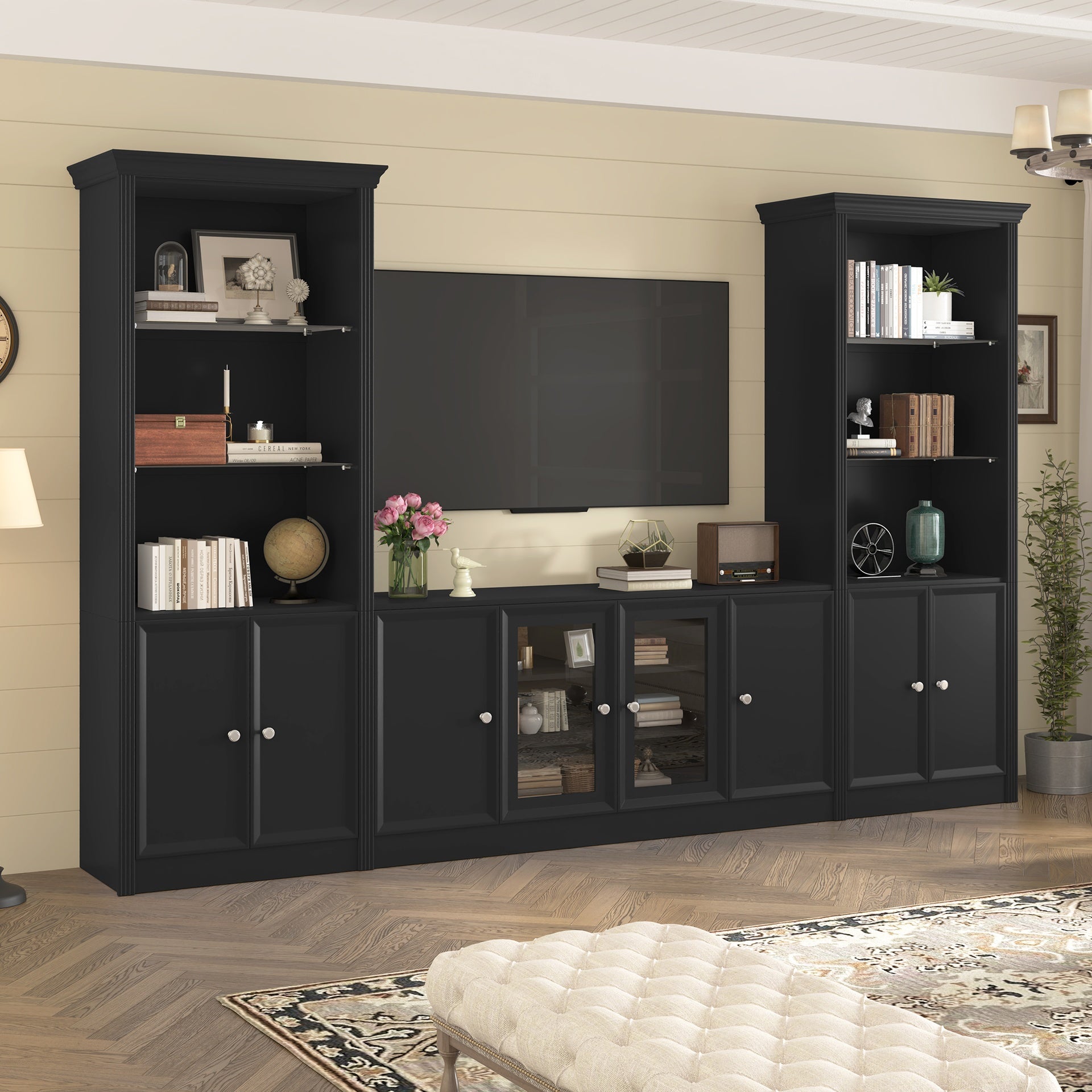 U-Can 128.2" W Wall Unit Entertainment Center with Bookshelves for TVs up to 80", Modern TV Stand Media Console with tempered glass  Cabinets,  and Adjustable Shelves for Living Room
