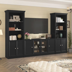 U-Can 128.2" W Wall Unit Entertainment Center with Bookshelves for TVs up to 80", Modern TV Stand Media Console with tempered glass  Cabinets,  and Adjustable Shelves for Living Room