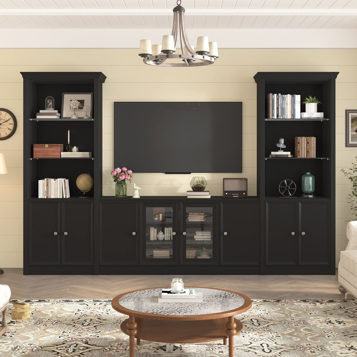 U-Can 128.2" W Wall Unit Entertainment Center with Bookshelves for TVs up to 80", Modern TV Stand Media Console with tempered glass  Cabinets,  and Adjustable Shelves for Living Room