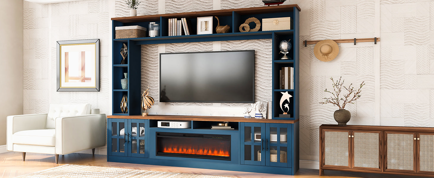 U-Can 95.5" W Wall Unit Entertainment Center with Bookshelves for TVs up to 80", Modern TV Stand Media Console with electric fireplace  Cabinets,  and Adjustable Shelves for Living Room