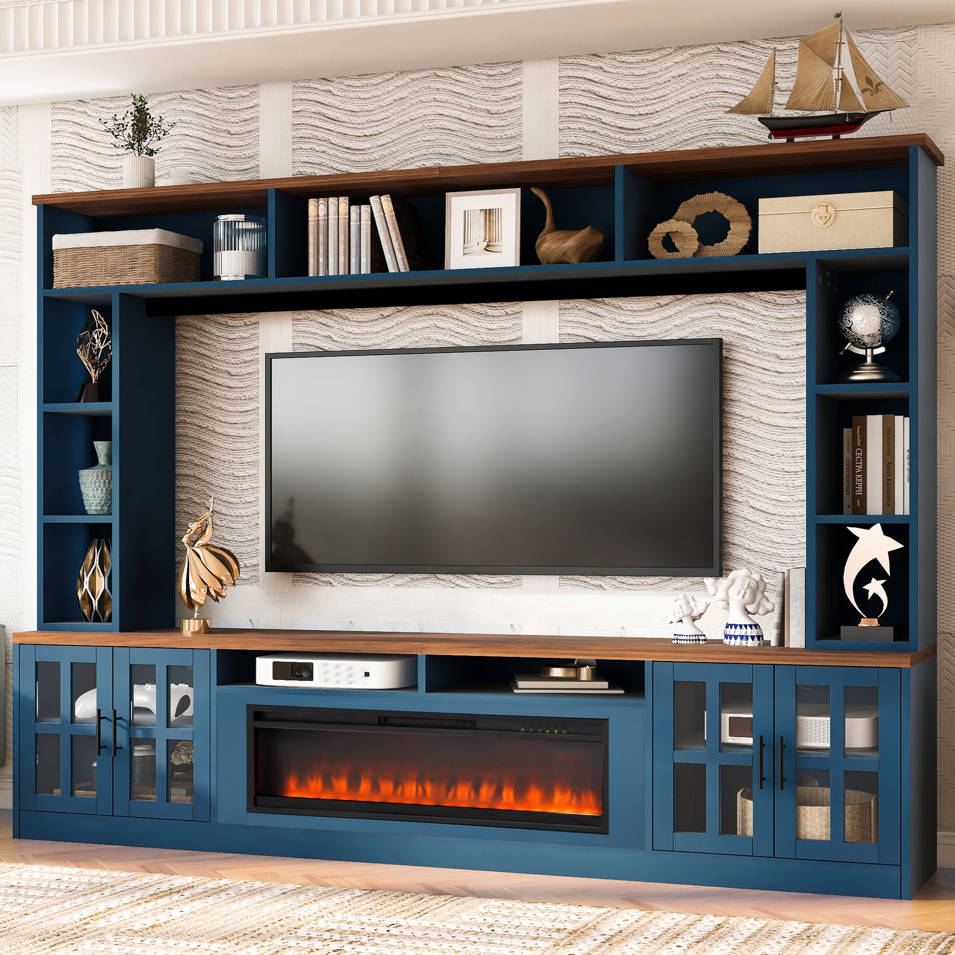 U-Can 95.5" W Wall Unit Entertainment Center with Bookshelves for TVs up to 80", Modern TV Stand Media Console with electric fireplace  Cabinets,  and Adjustable Shelves for Living Room