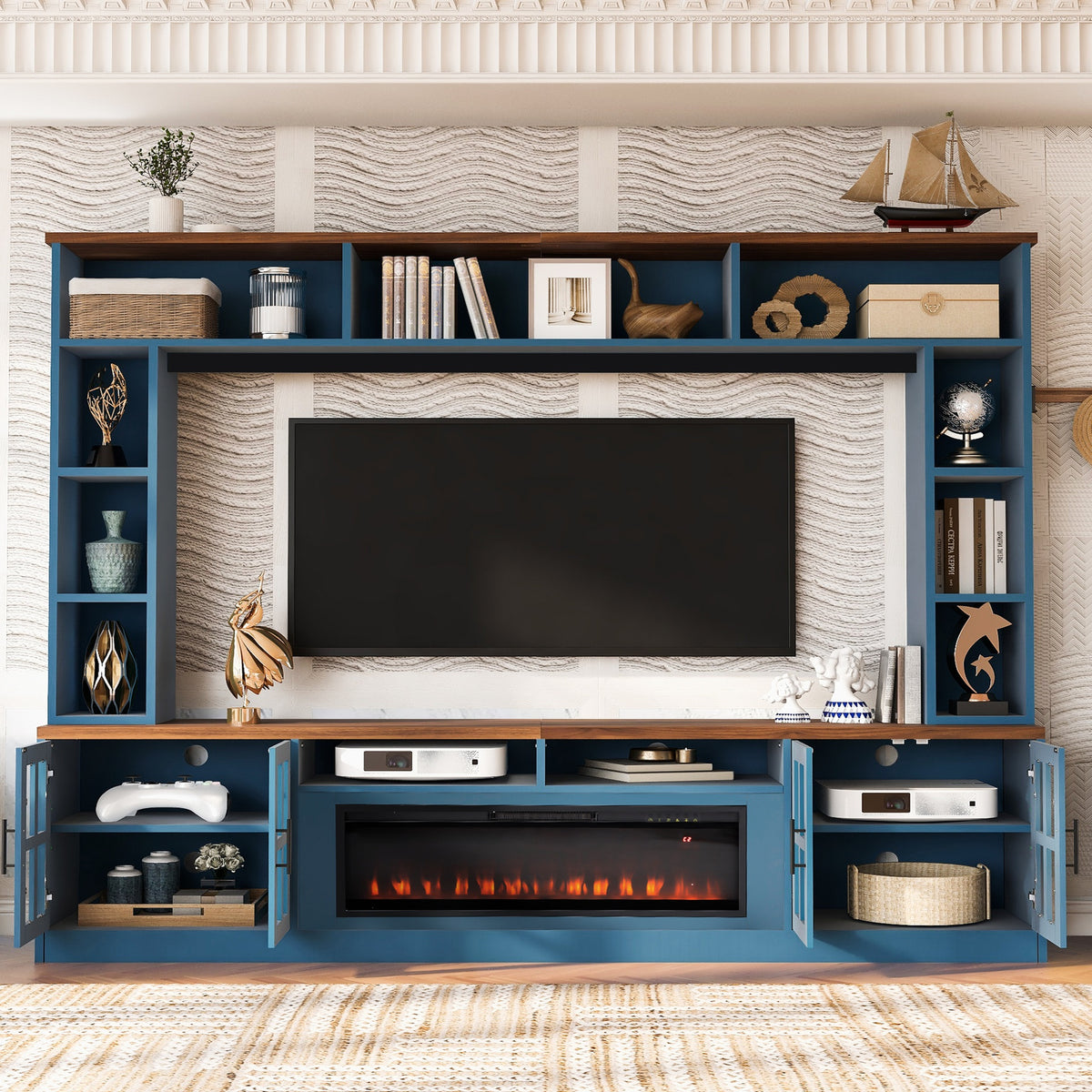 U-Can 95.5" W Wall Unit Entertainment Center with Bookshelves for TVs up to 80", Modern TV Stand Media Console with electric fireplace  Cabinets,  and Adjustable Shelves for Living Room