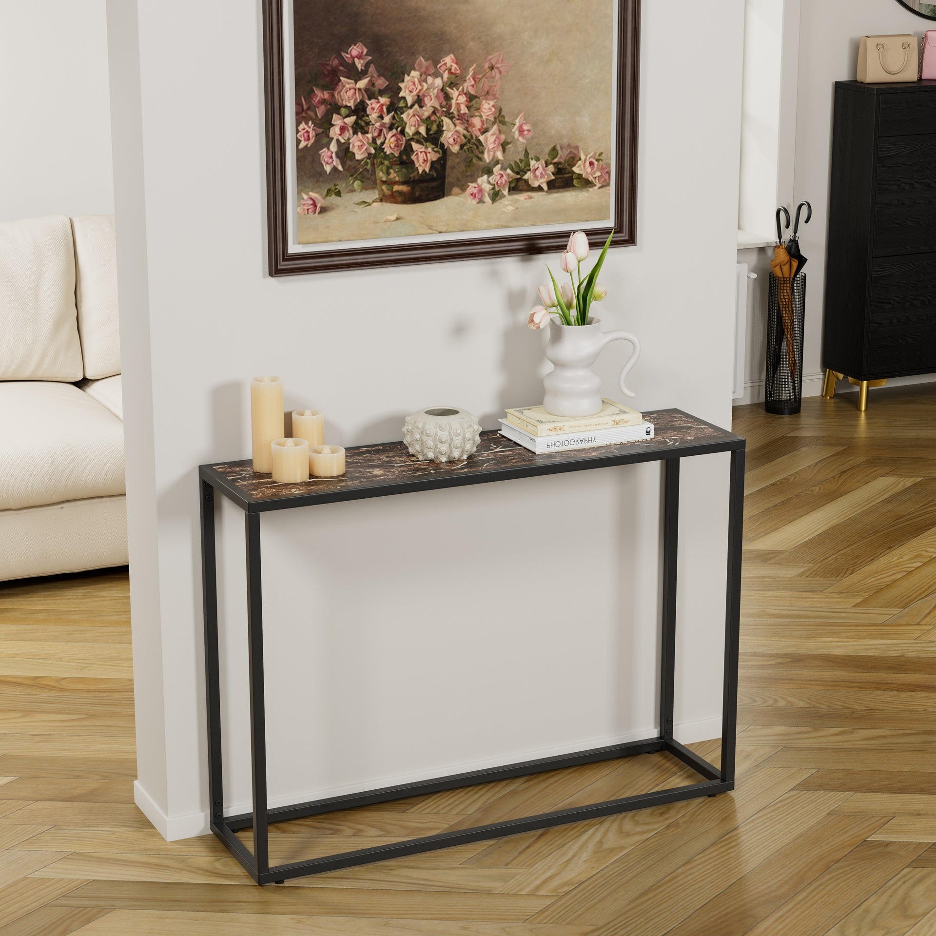 Narrow console table, high-end edge wrapped foyer table, entrance, industrial corridor table, living room, foyer, rural brown and black
