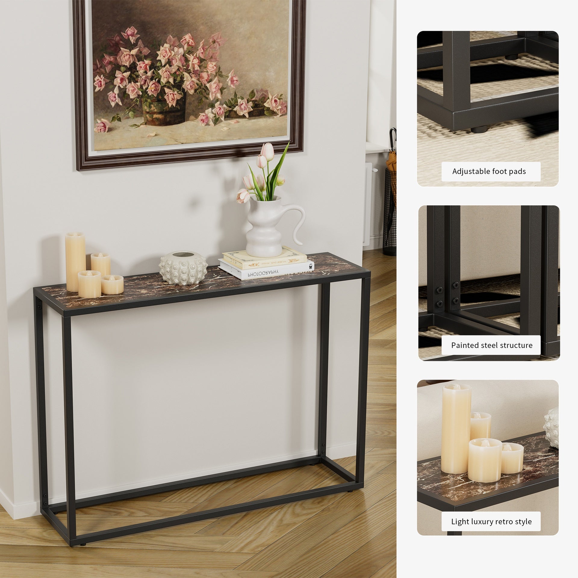 Narrow console table, high-end edge wrapped foyer table, entrance, industrial corridor table, living room, foyer, rural brown and black