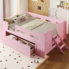 Wood Twin Size Platform Bed with Guardrail and Drawer, Pink
