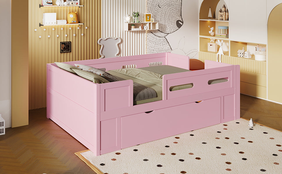 Wood Twin Size Platform Bed with Guardrail and Drawer, Pink