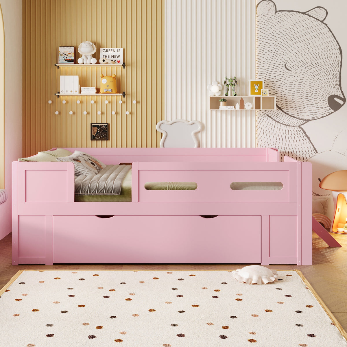 Wood Twin Size Platform Bed with Guardrail and Drawer, Pink