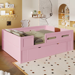 Wood Twin Size Platform Bed with Guardrail and Drawer, Pink