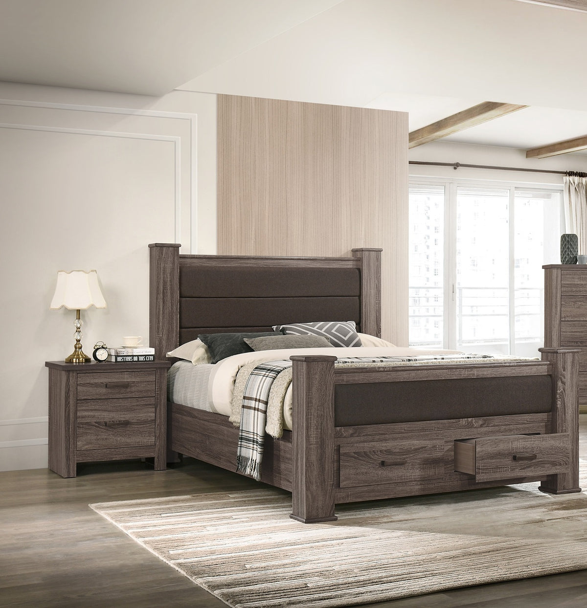 Modern Style 1pc Queen Size Bed Upholstered Headboard Footboard Drawers Brown Finish Bedroom Furniture