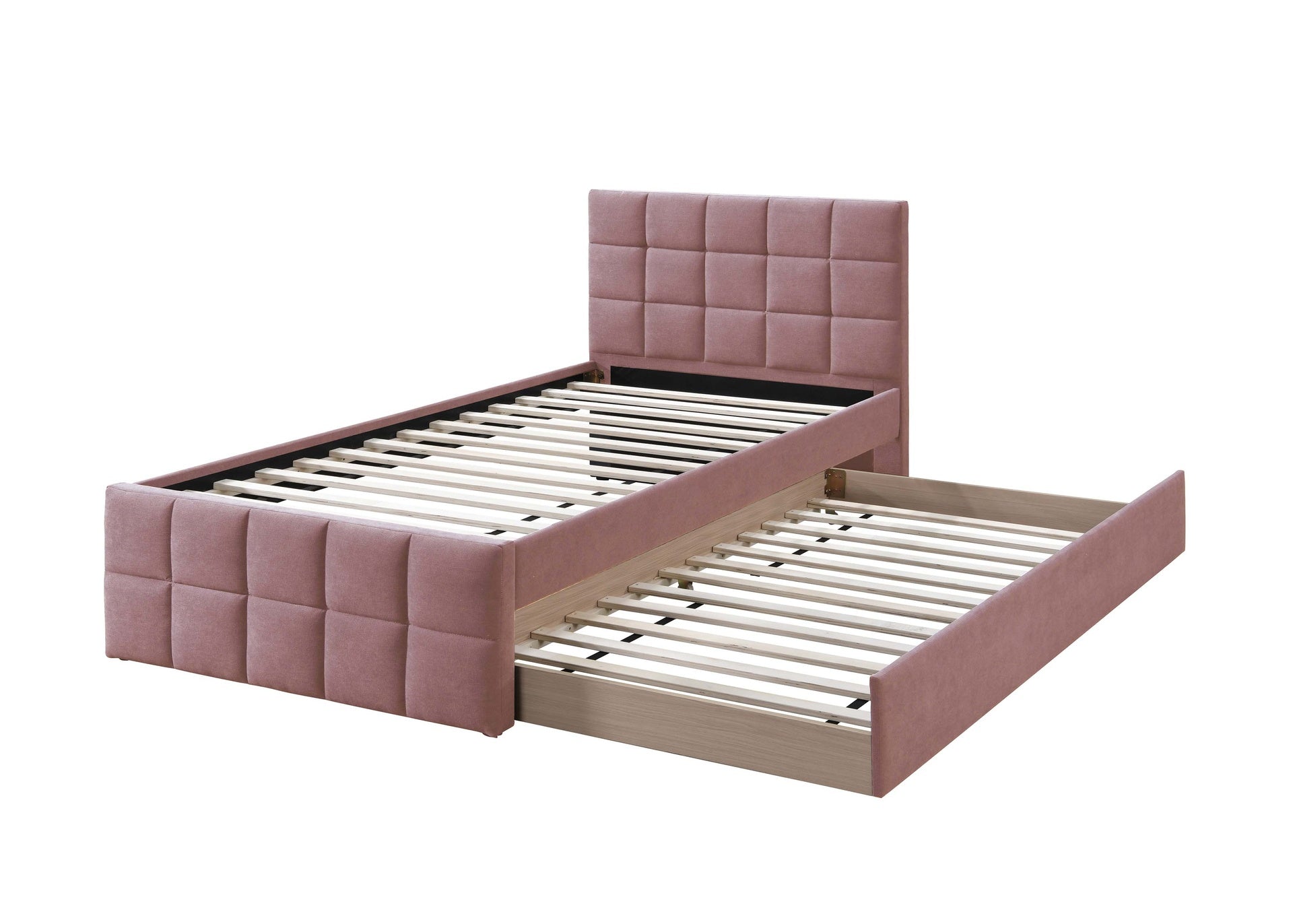 Contemporary Style 1pc Full Size Bed w/ Trundle Upholstered Headboard And Footboard Grid Pattern Light Pink Finish Bedroom Furniture
