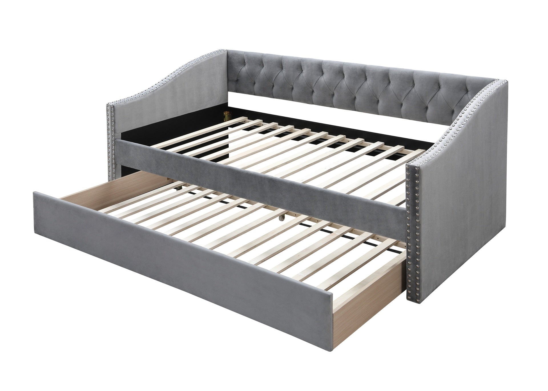 1pc Day Bed w/ Slat Trundle Button Tufted Nailhead Trim Gray Finish Bedroom Furniture