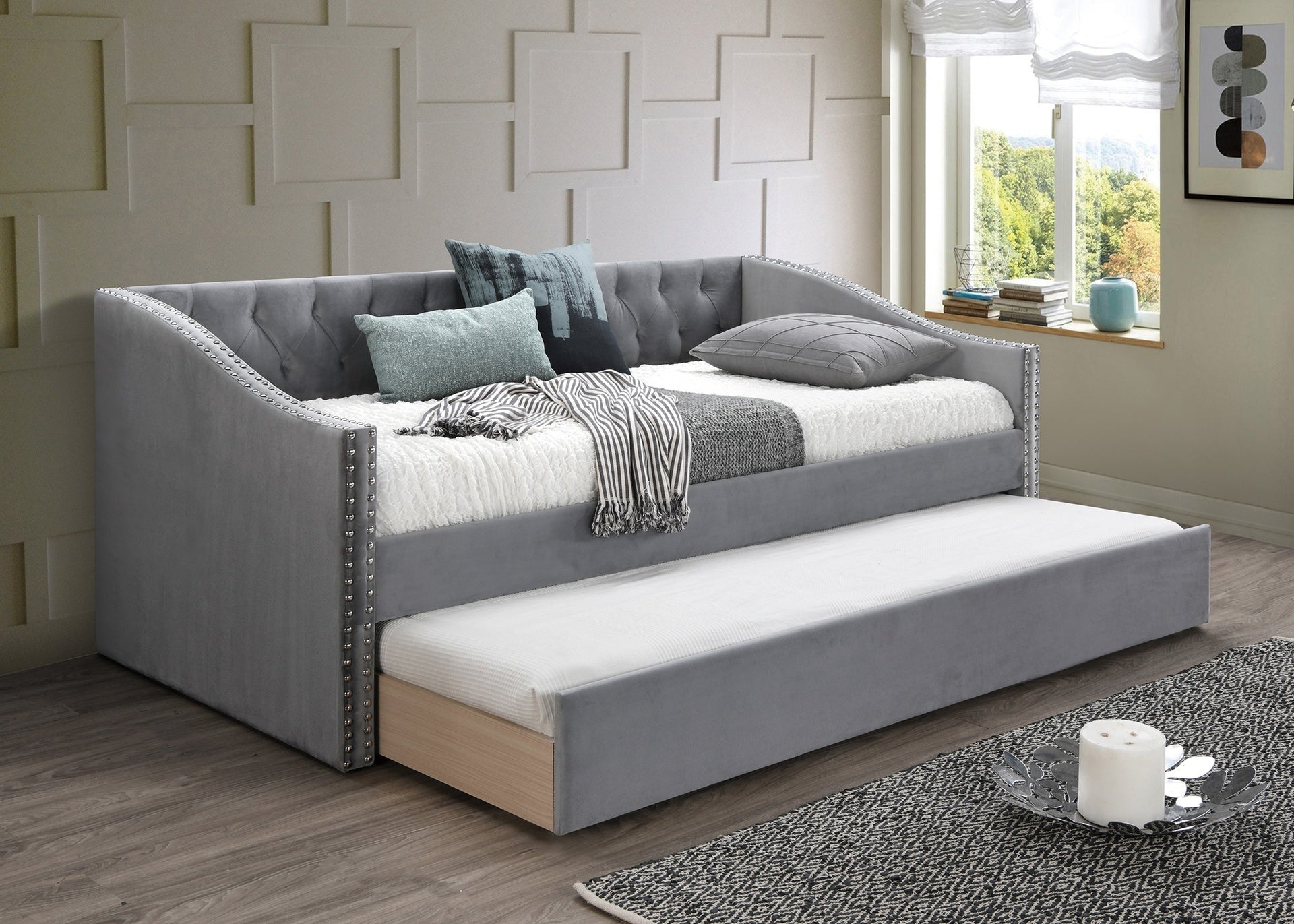 1pc Day Bed w/ Slat Trundle Button Tufted Nailhead Trim Gray Finish Bedroom Furniture