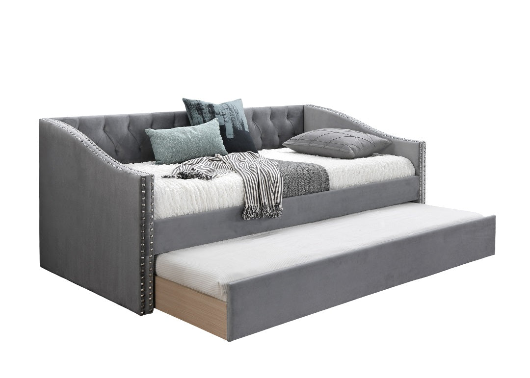 1pc Day Bed w/ Slat Trundle Button Tufted Nailhead Trim Gray Finish Bedroom Furniture