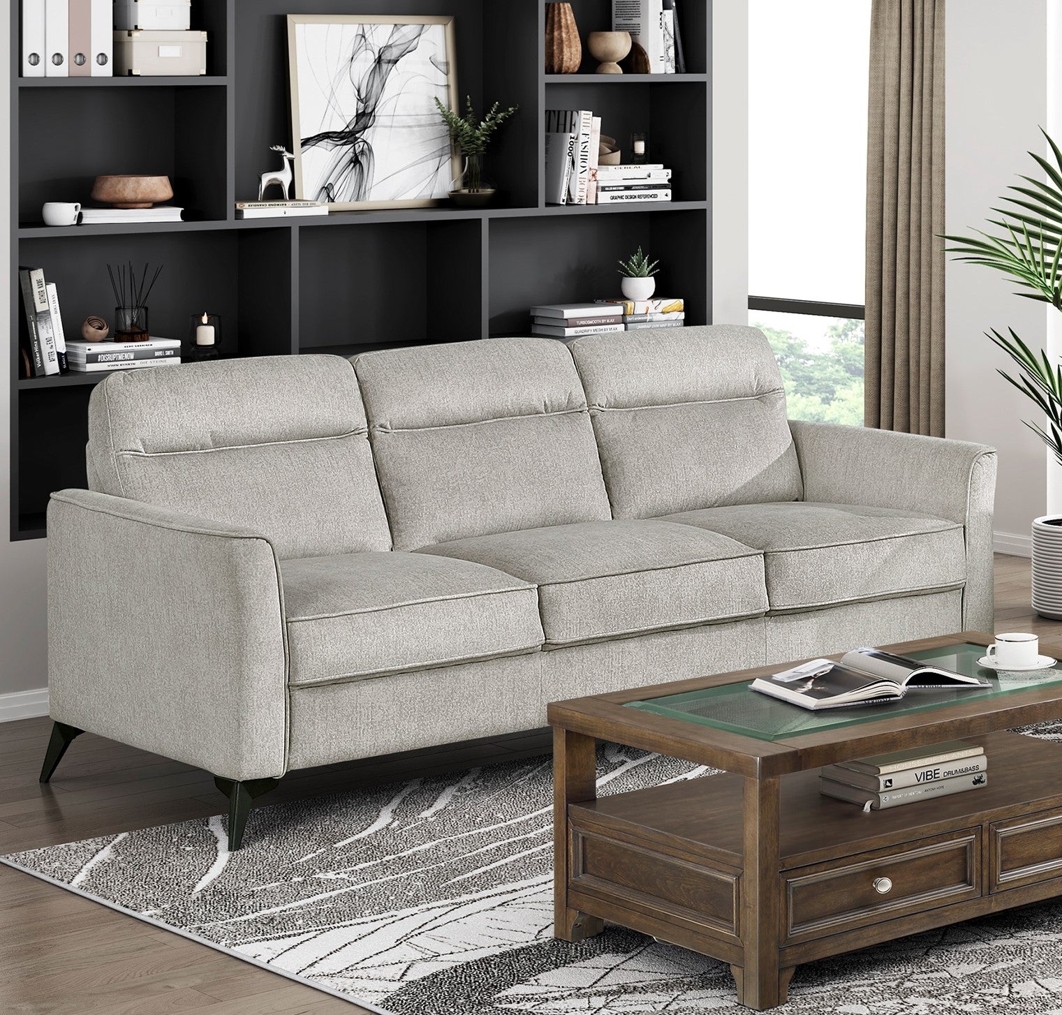 Modern Living Room Sofa Set 2pc Sofa Loveseat Tan Microfiber Upholstery Comfortable Cushion Seat Black Metal Legs Contemporary Furniture