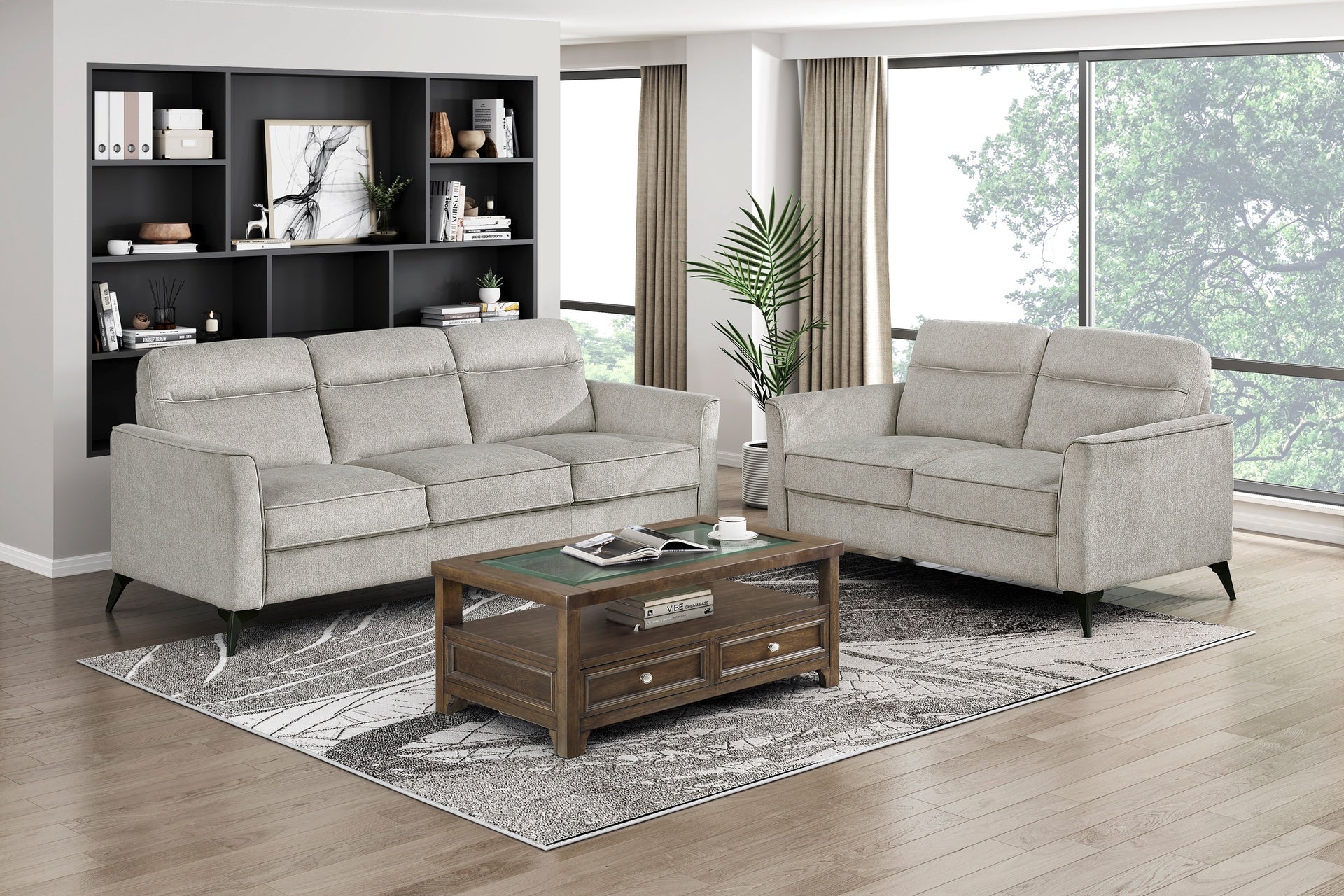 Modern Living Room Sofa Set 2pc Sofa Loveseat Tan Microfiber Upholstery Comfortable Cushion Seat Black Metal Legs Contemporary Furniture