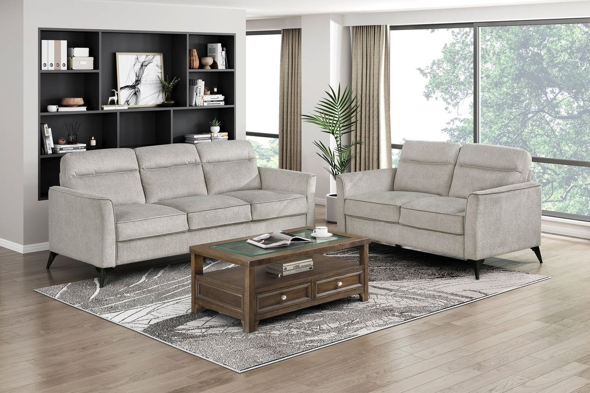 Modern Living Room Sofa Set 2pc Sofa Loveseat Tan Microfiber Upholstery Comfortable Cushion Seat Black Metal Legs Contemporary Furniture