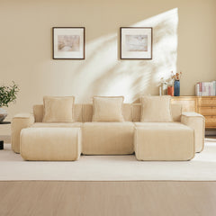 Streamlined Design Modular 3 Seat U Shape Sectional Boneless Sofa with French Edge Piping, No Assembly Required,3-Seat Sofa Couch with Throw Pillows and 2 Movable Ottomans, Velvet Fabric Light Camel