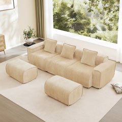Streamlined Design Modular 3 Seat U Shape Sectional Boneless Sofa with French Edge Piping, No Assembly Required,3-Seat Sofa Couch with Throw Pillows and 2 Movable Ottomans, Velvet Fabric Light Camel