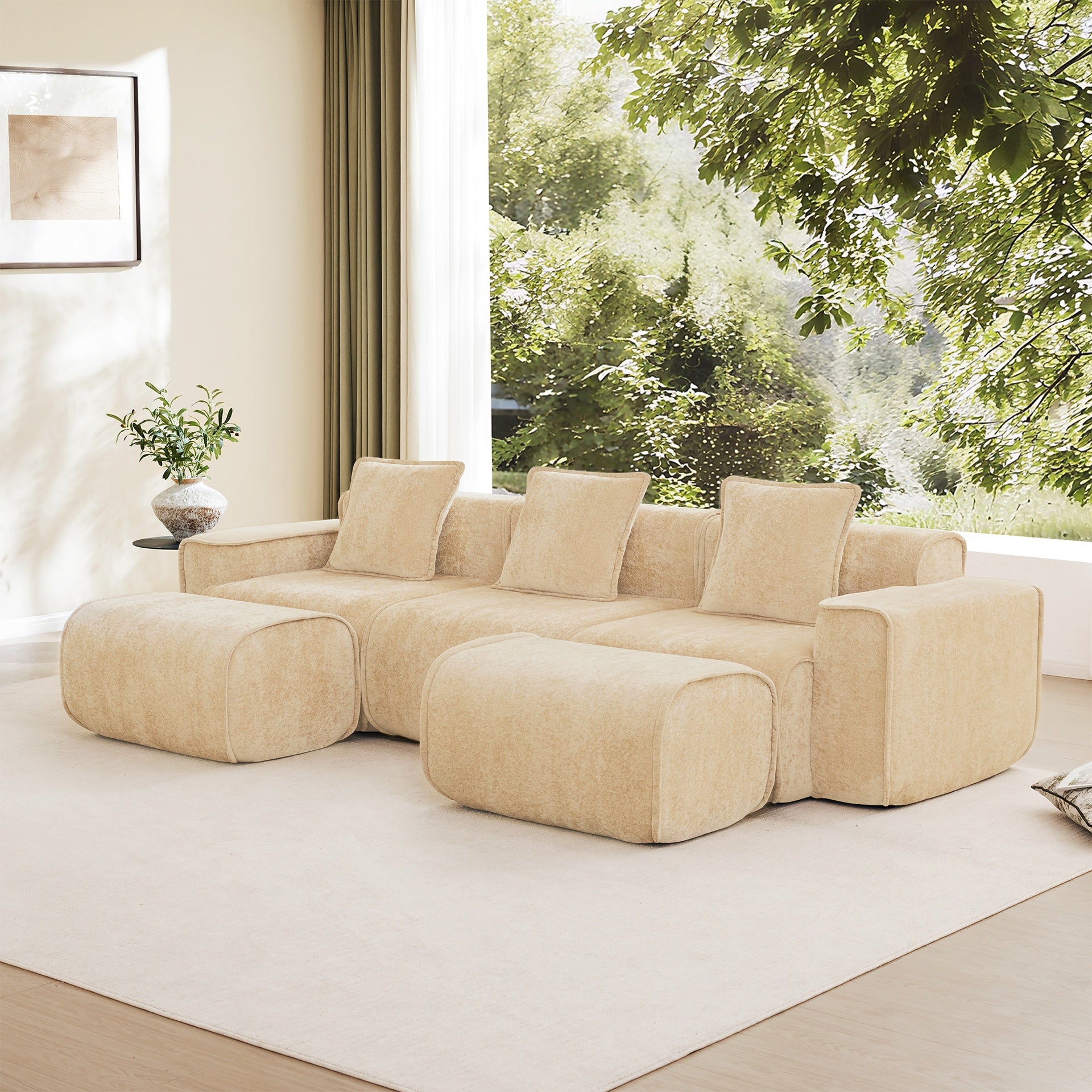 Streamlined Design Modular 3 Seat U Shape Sectional Boneless Sofa with French Edge Piping, No Assembly Required,3-Seat Sofa Couch with Throw Pillows and 2 Movable Ottomans, Velvet Fabric Light Camel