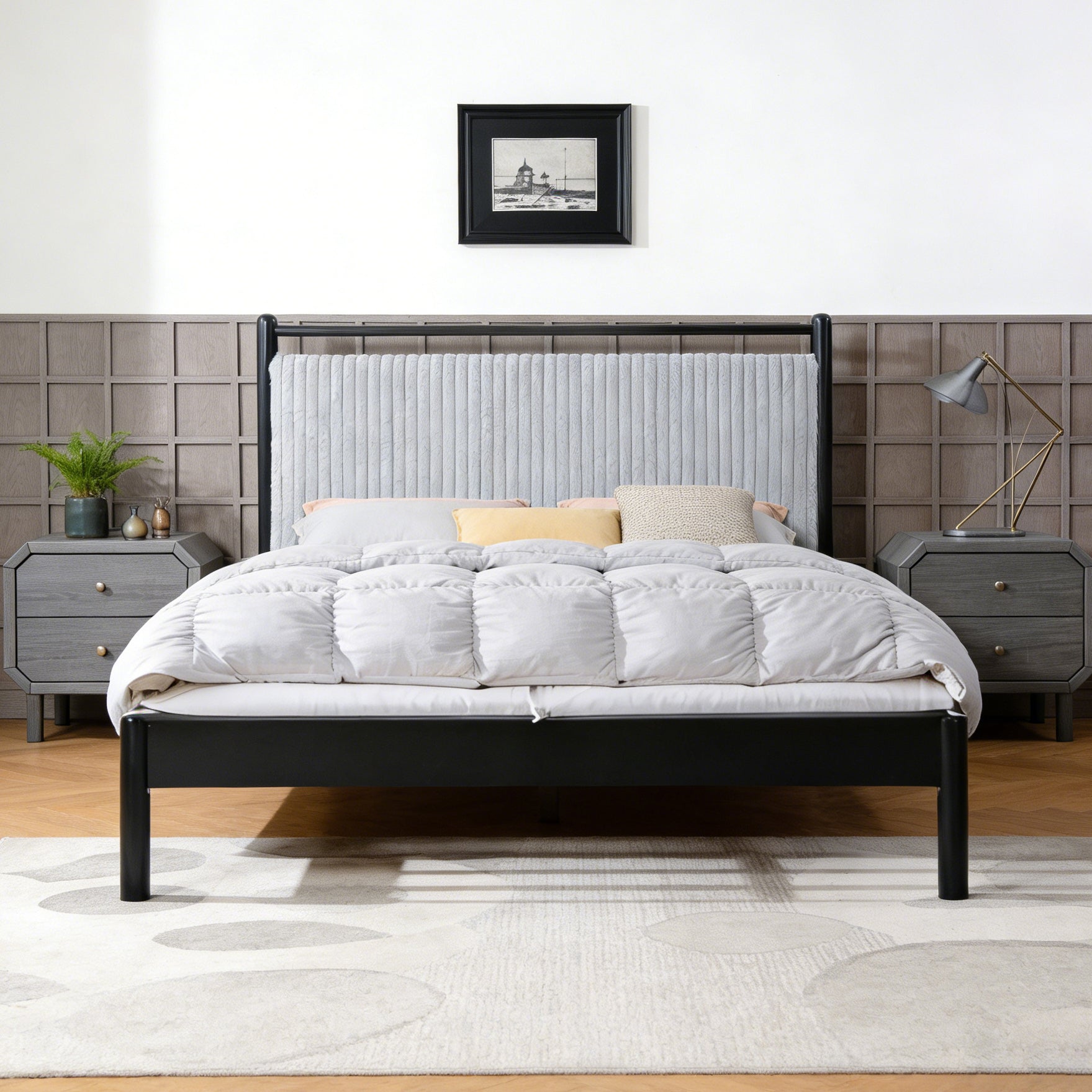 Full size Wood Bed Frame with Fluffy Soft Headboard,Grey+Black Frame