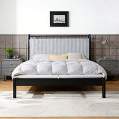 Full size Wood Bed Frame with Fluffy Soft Headboard,Grey+Black Frame