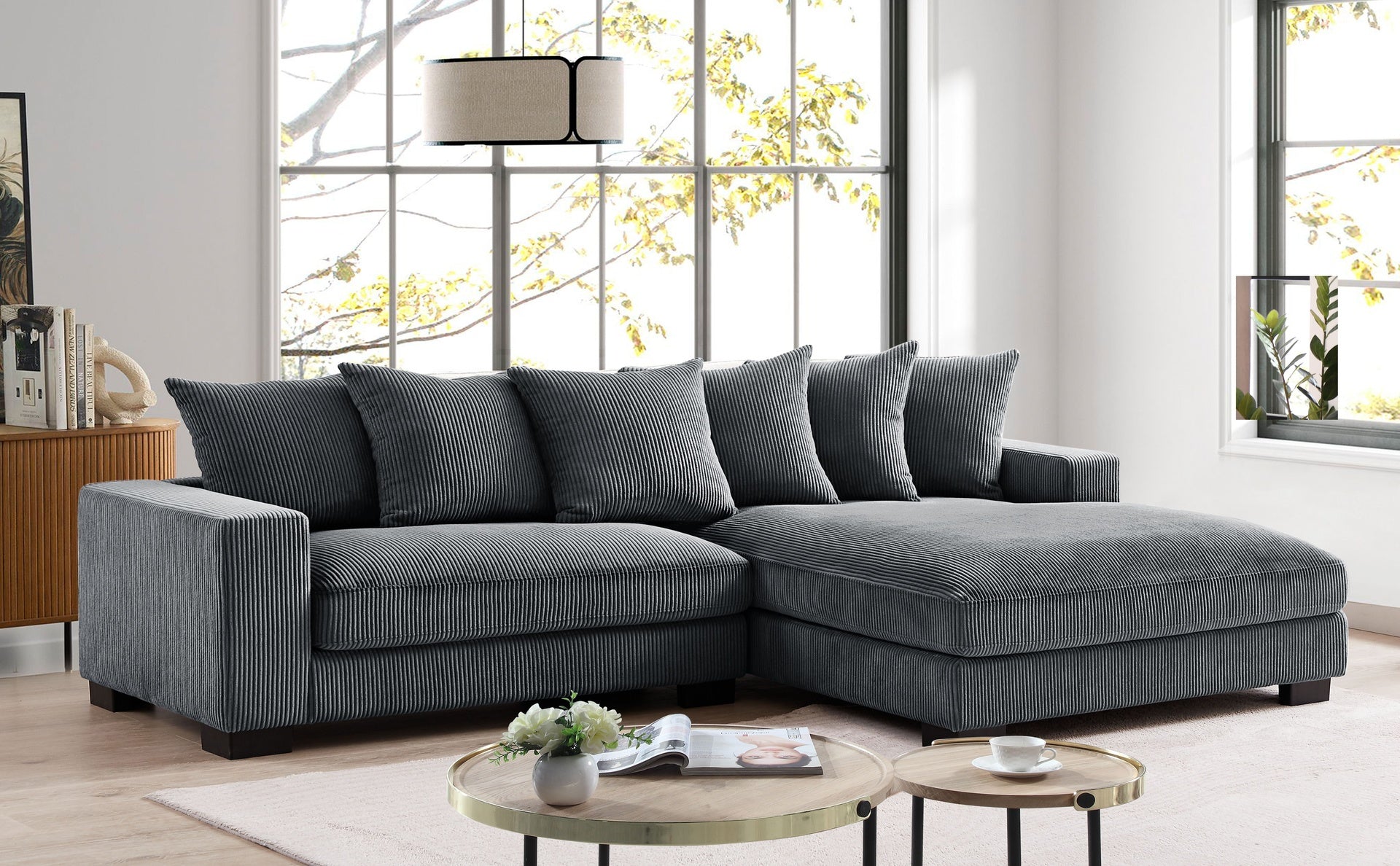 Luxe Oversized Two-Piece Right Facing Sectional Couches for Living Room, 102.4-Inch L Shaped Sofa with Chaise, Upholstered with Corduroy Fabric, Dark Grey