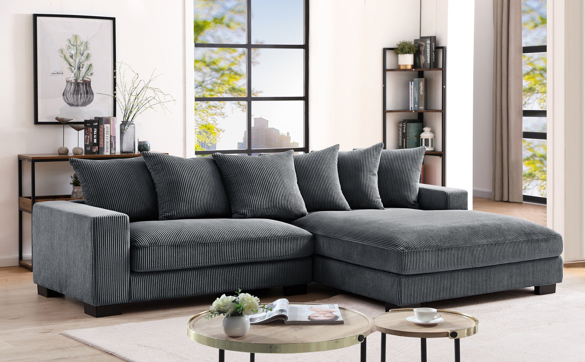 Luxe Oversized Two-Piece Right Facing Sectional Couches for Living Room, 102.4-Inch L Shaped Sofa with Chaise, Upholstered with Corduroy Fabric, Dark Grey