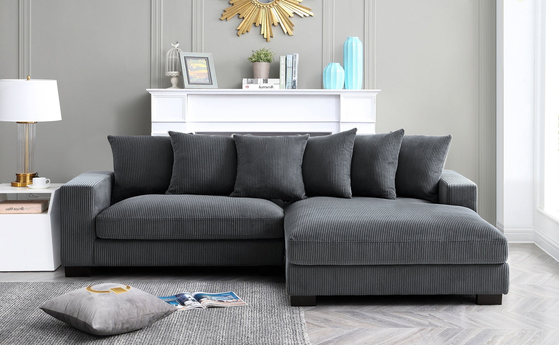 Luxe Oversized Two-Piece Right Facing Sectional Couches for Living Room, 102.4-Inch L Shaped Sofa with Chaise, Upholstered with Corduroy Fabric, Dark Grey