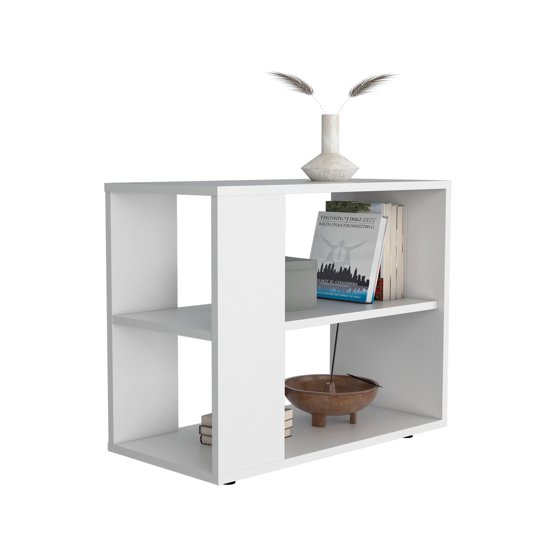 White Side Table in Melamine with Open Storage