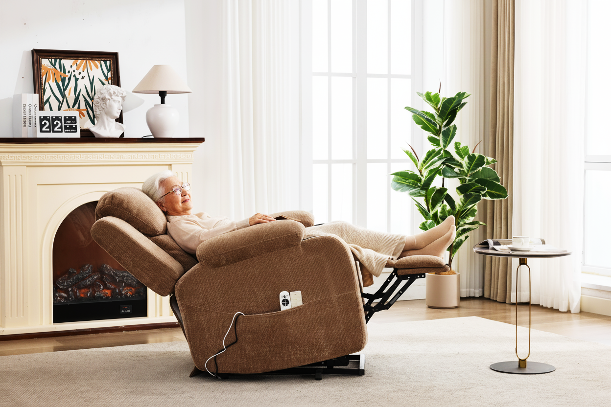 Up to 350 LBS Chenille Power Lift Recliner Chair, Heavy Duty Motion Mechanism with 8-Point Vibration Massage and Lumbar Heating, Stainless Steel Cup Holders, Brown