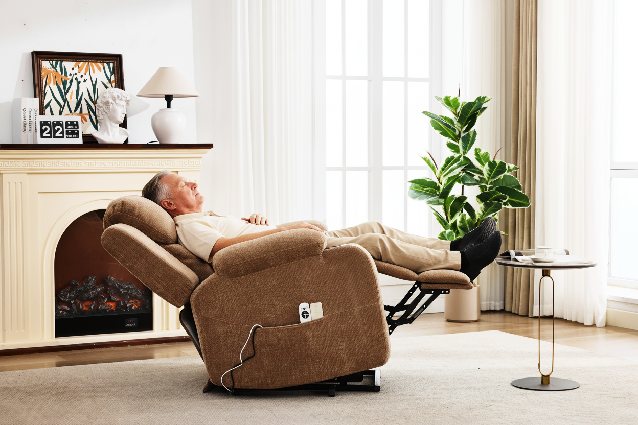 Up to 350 LBS Chenille Power Lift Recliner Chair, Heavy Duty Motion Mechanism with 8-Point Vibration Massage and Lumbar Heating, Stainless Steel Cup Holders, Brown