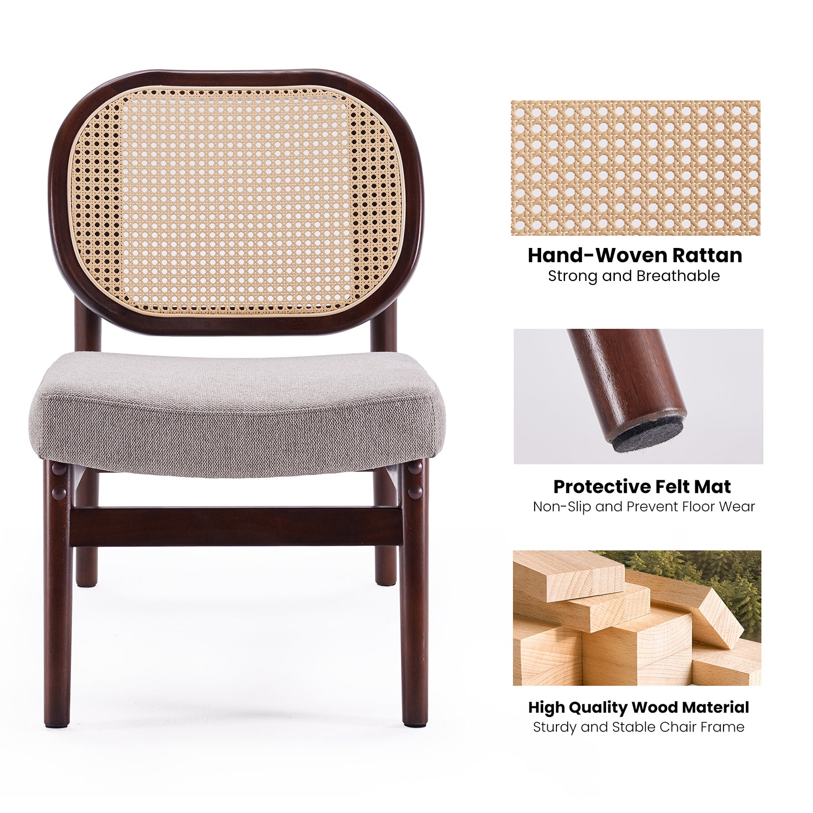 Rattan Accent Chair, Upholstered Living Room Chair with Rattan Back & Wood Frame, Mid-Century Modern Reading Chair for Living Room, Bedroom,Khaki