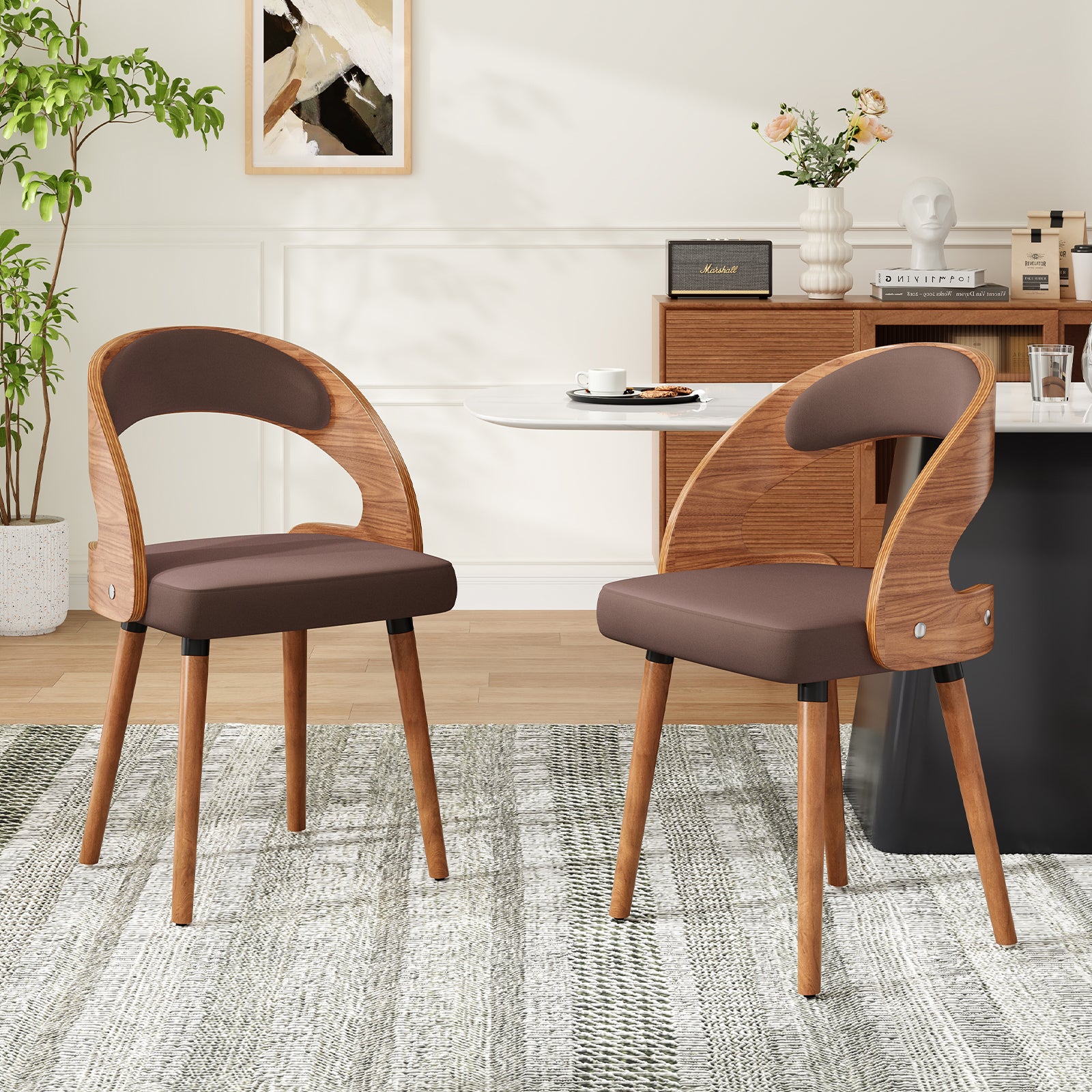 Wood Dining Chairs, Set of 2 Modern Upholstered Dining Chairs with Curved Backrest for Kitchen, Dining Room, Living Room