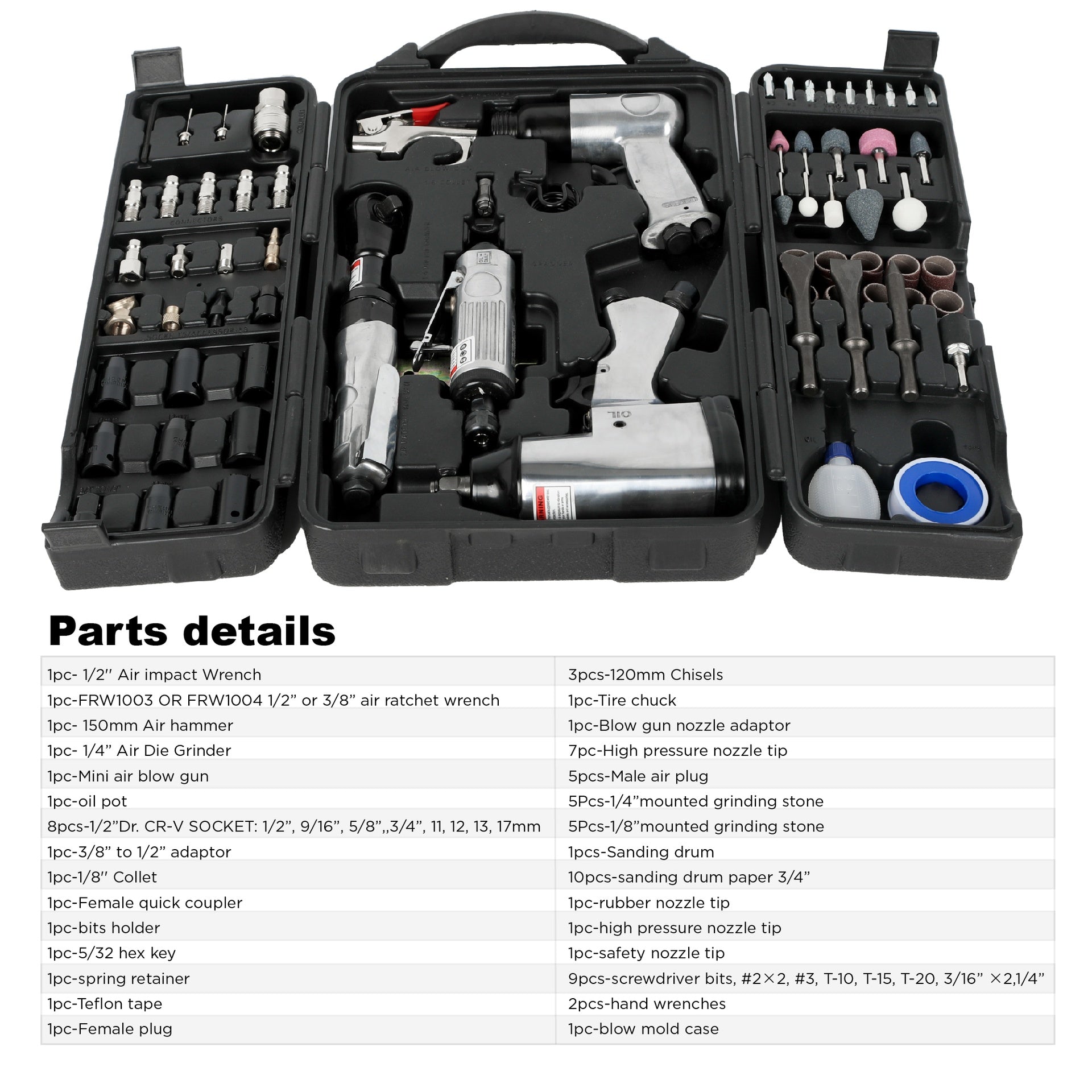 71 Piece Air Tool and Accessories Kit, Impact Wrench, Air Ratchet, Die Grinder, Aire Hammer, Hose Fittings, Storage Case